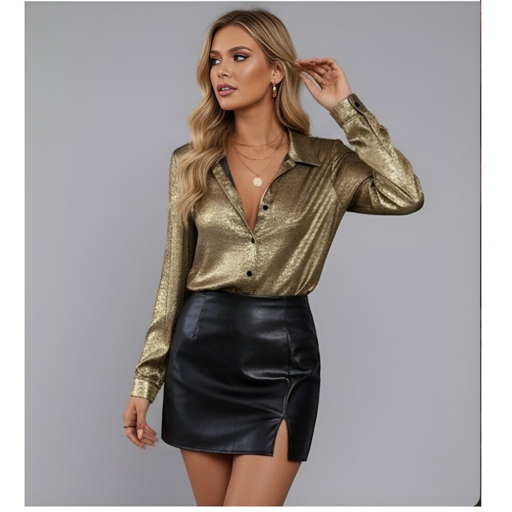 Gold Button Down Blouse Shirt - Picture 4 of 9